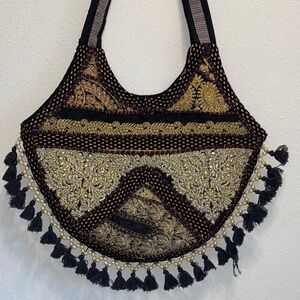 Elegant Black and Gold Embroidered Women's Bag